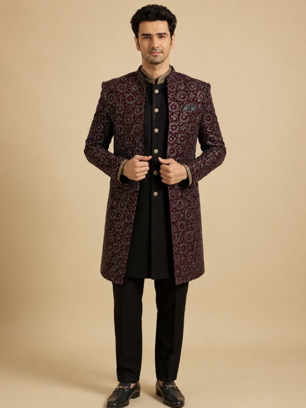 Manyavar Maroon Red Indo-Western Set – Men's Wedding / Groom Outfit